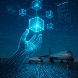 Digital wireframe hand reaching toward a glowing blockchain network above airport runway with airplanes and smart contract graphics in the background.