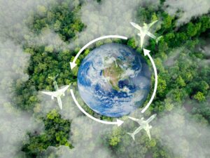 Environmental Commercial aircraft flying to represent circular aviation economy