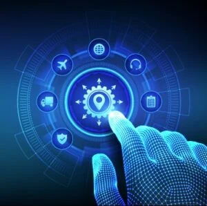 Futuristic blue hand clicking a dial to choose which sensor it would like to track for visibility.