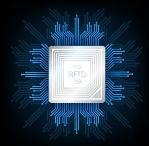A blue and silver conceptual illustration of a Radio Frequency Identification (RDIF) tag.