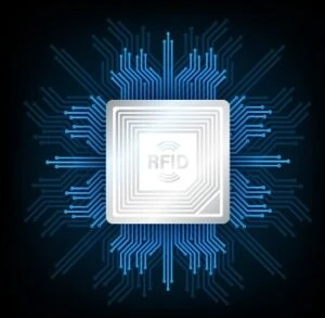 A blue and silver conceptual illustration of a Radio Frequency Identification (RDIF) tag.