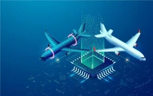 Digital illustration of two airplanes, one wireframe and one fully rendered, interacting with a glowing microchip to represent aviation technology and data integration