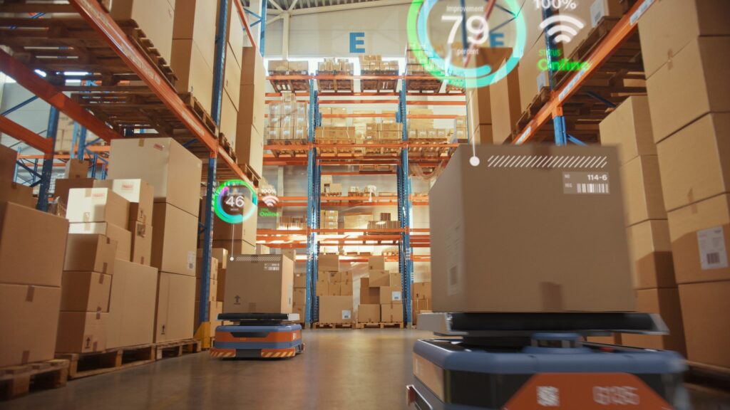 Autonomous robots navigate a warehouse for efficient logistics and inventory management.