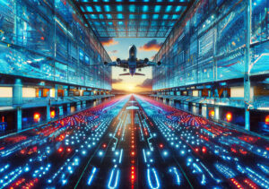 Commercial aircraft flying through a futuristic digital data network