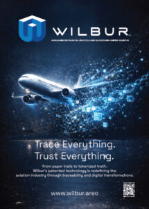 Commercial aircraft with digital data effects representing aviation traceability and technology