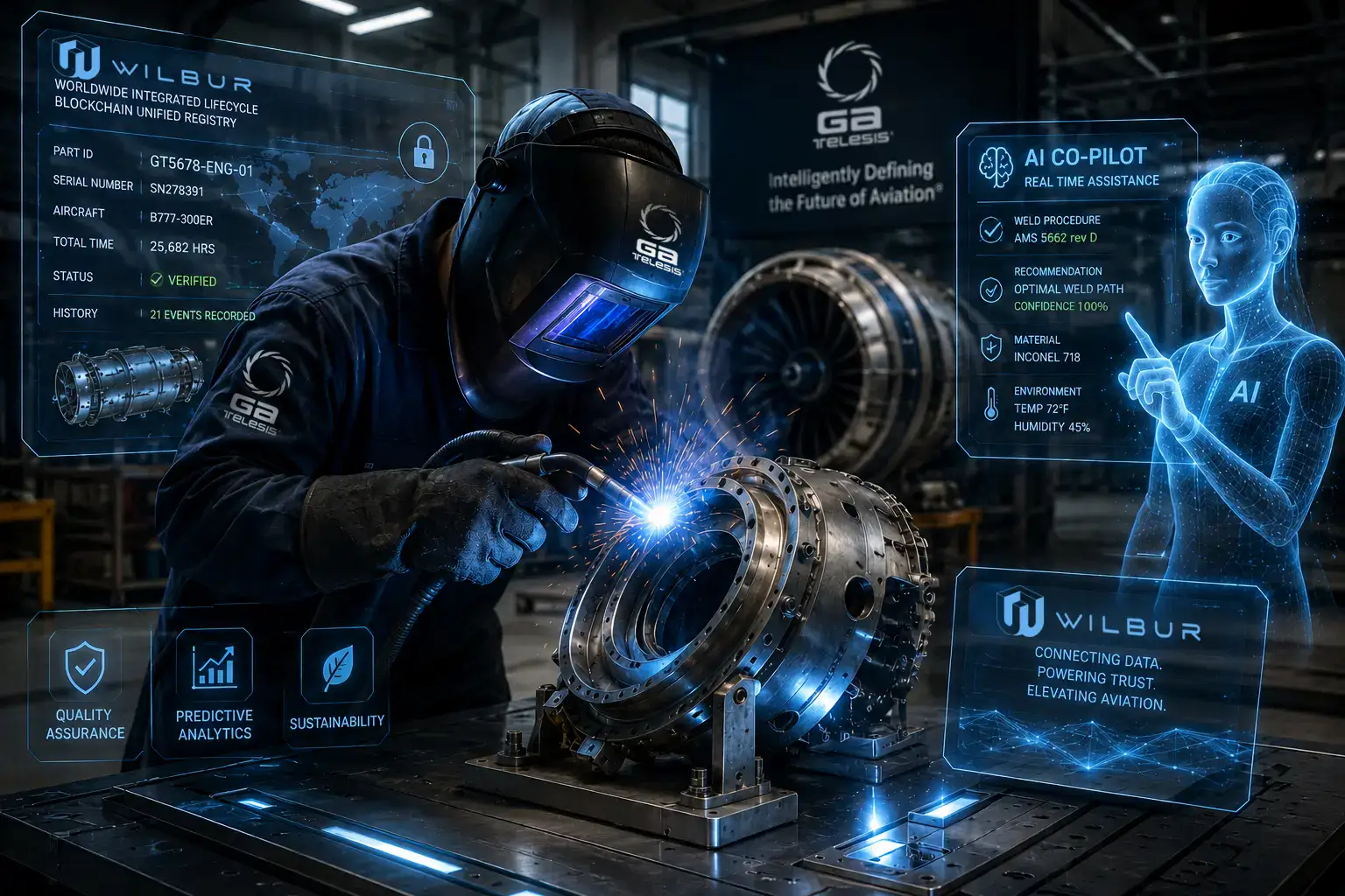 A technician working on aircraft engine parts with AI and digital data displays in the background.