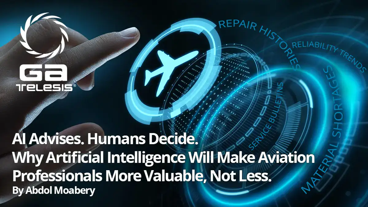 Futuristic aviation tech with AI and aircraft icon for GA Telesis.