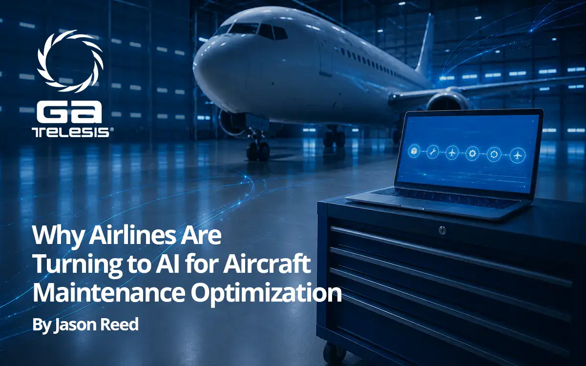 Modern airplane in a high-tech maintenance hangar with AI diagnostics display.