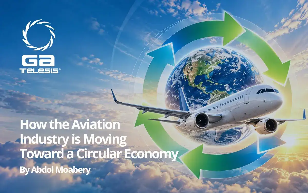 Aviation industry moving toward a circular economy with a plane and Earth image.