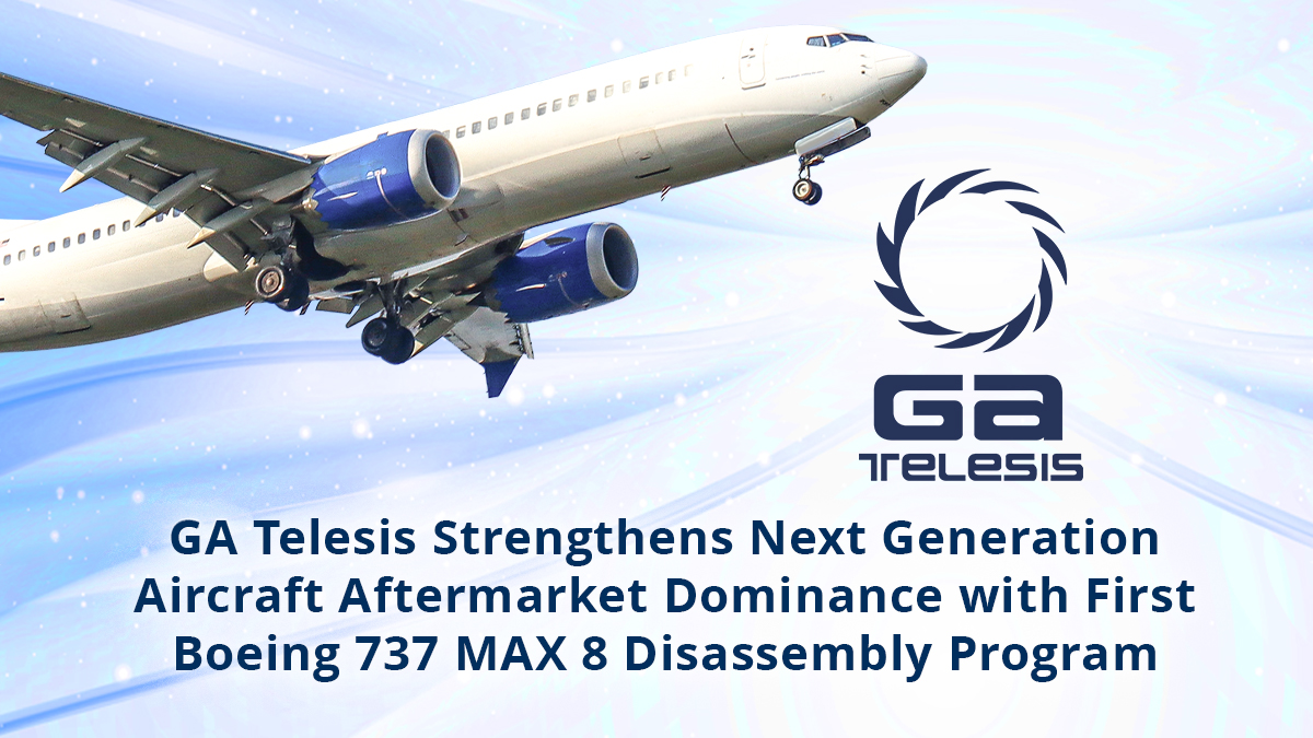 Boeing 737 MAX 8 aircraft in flight with GA Telesis logo.
