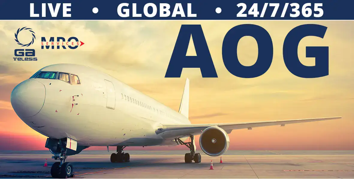 Commercial airplane at sunset with GA Telesis branding and AOG text.