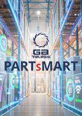 GA Telesis PartSmart logistics warehouse with digital displays and equipment.